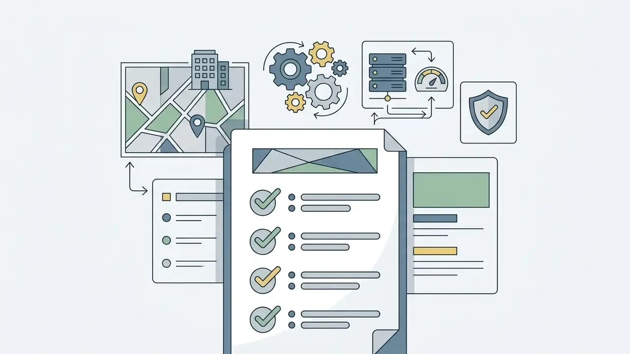 Checklist surrounded by icons representing geographic location, data processing, and security measures