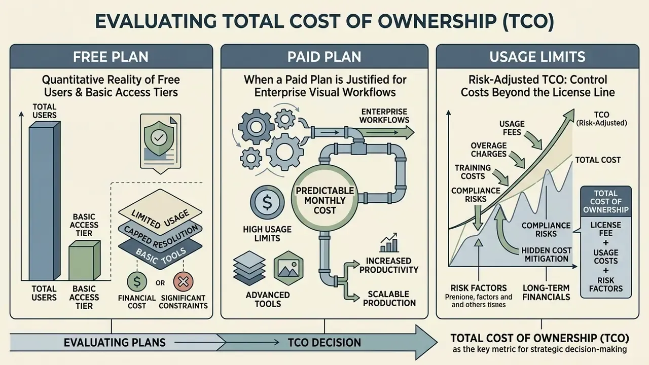 Three-part infographic comparing free plans, paid plans, and risk-adjusted TCO for AI image tools