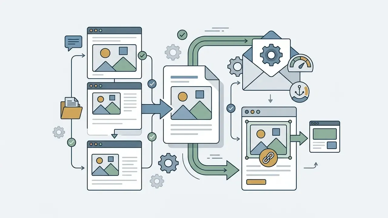 Document files flowing through gears into email templates and clickable web page image links