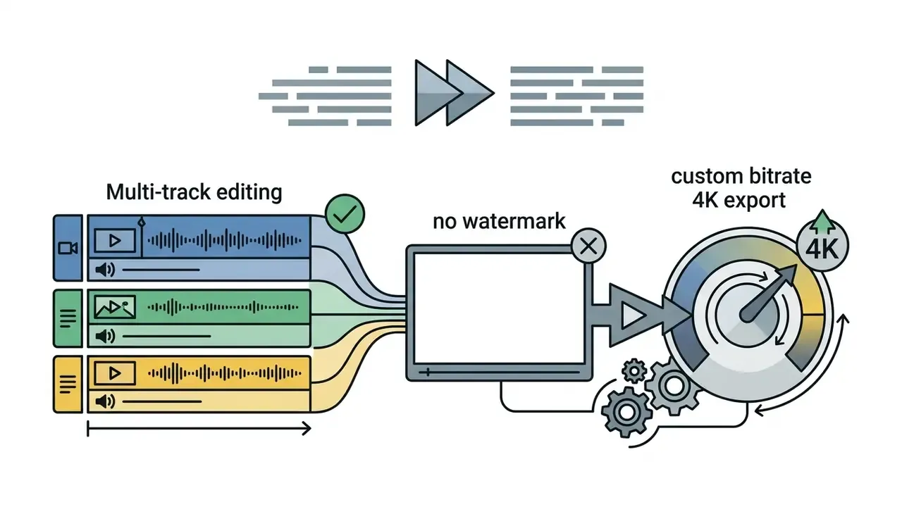 Diagram showing multi-track editing flowing into a watermark-free screen and a 4K export gauge