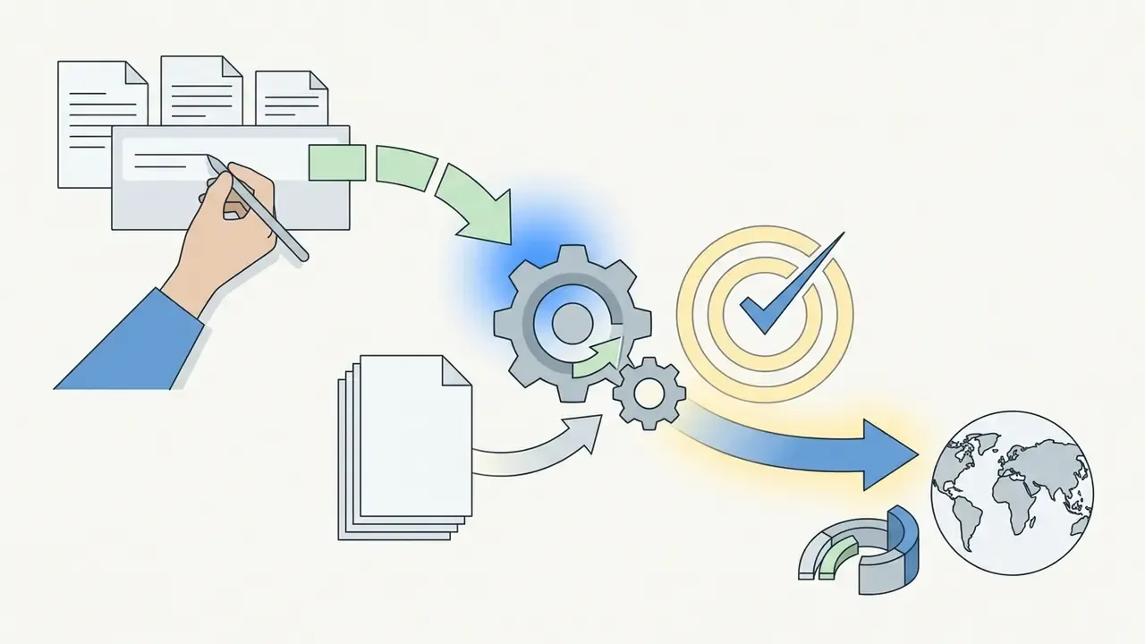Hand writing on papers feeding into a gear system that outputs to a global map and chart icon