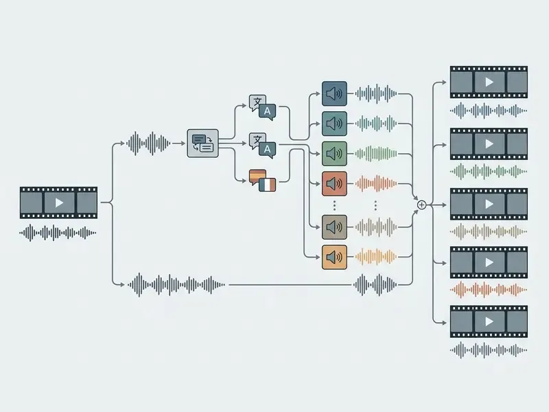 Diagram showing a video source splitting into multiple translated audio tracks and final dubbed versions