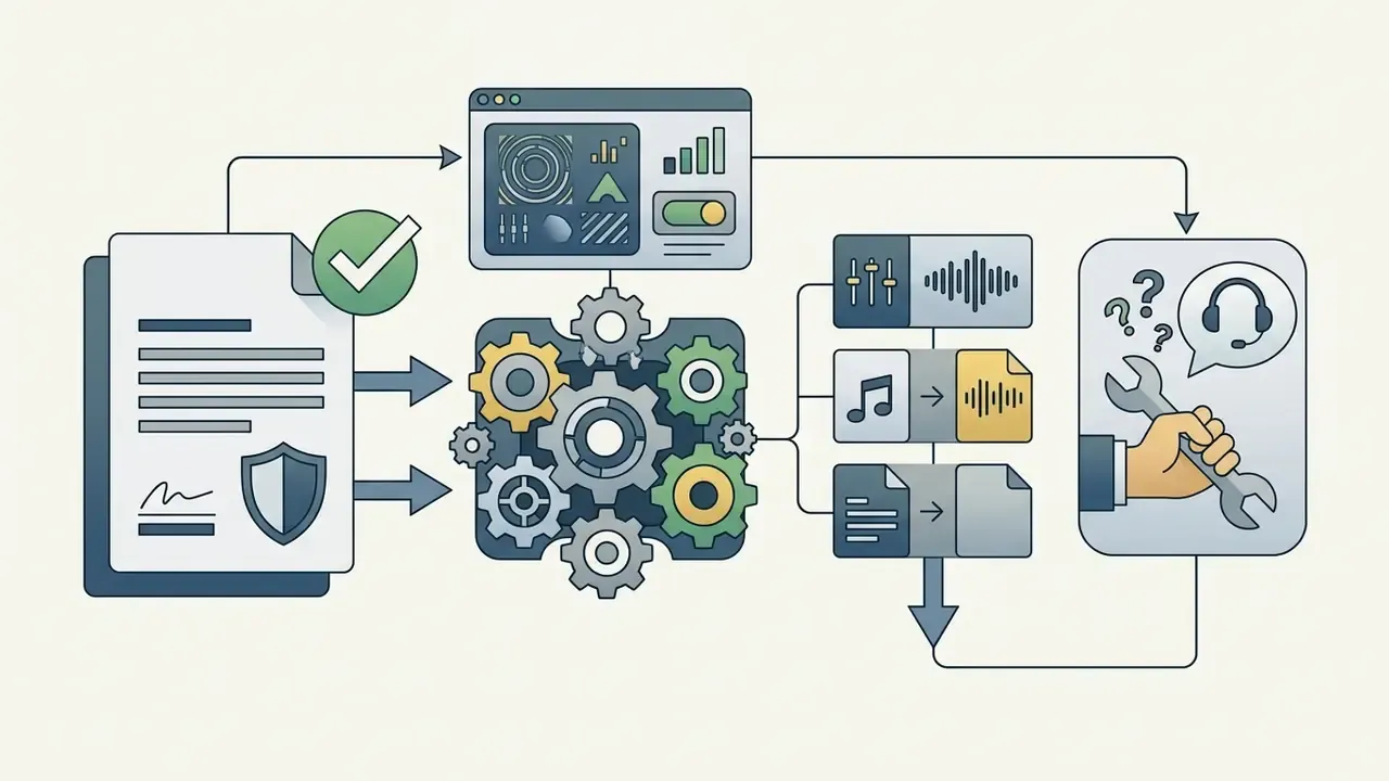 Technical cycle connecting document verification, gear-driven processing, file conversion, and support