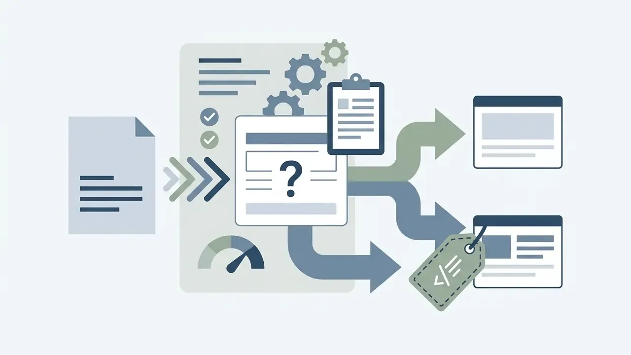 Document processing flow showing a central decision point with arrows leading to different outcomes