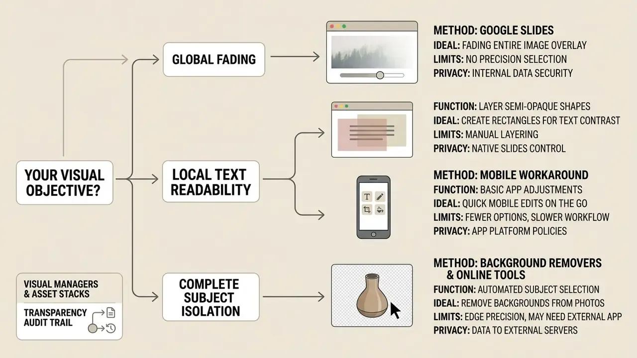 Decision flow diagram mapping visual objectives to specific methods for image editing and transparency