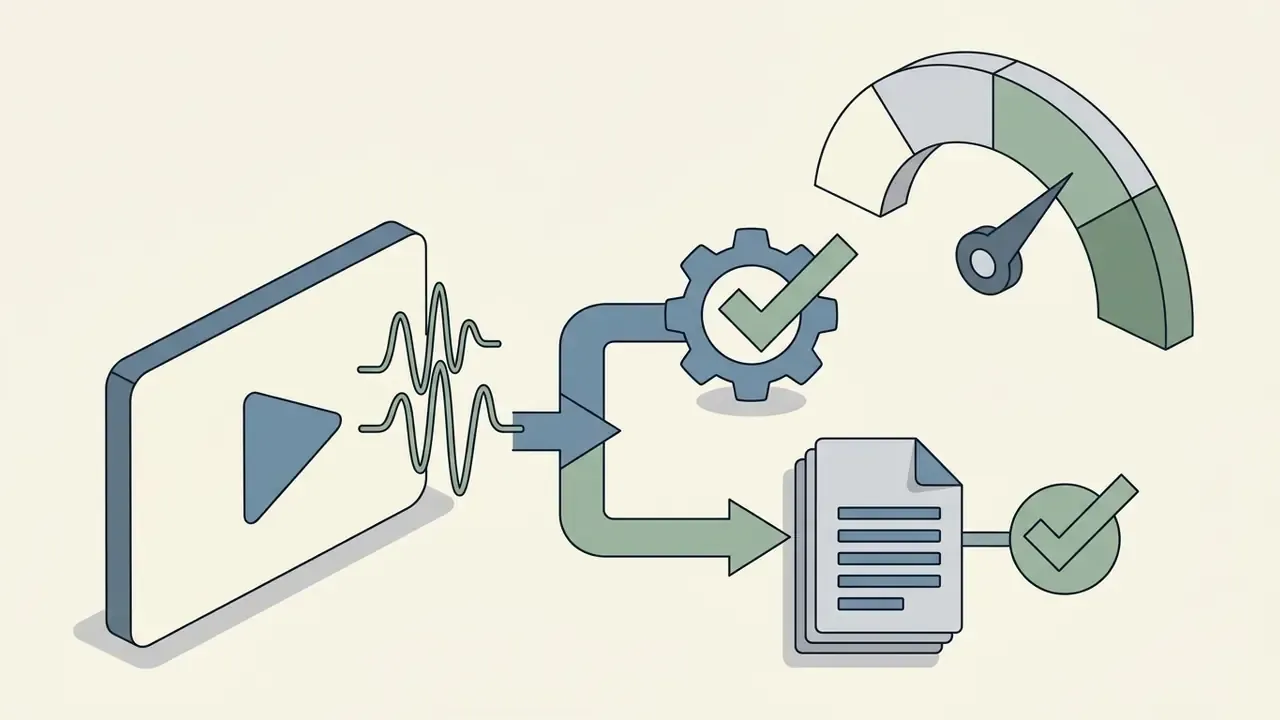Video file processing into a gear with a checkmark and a document with a verified status