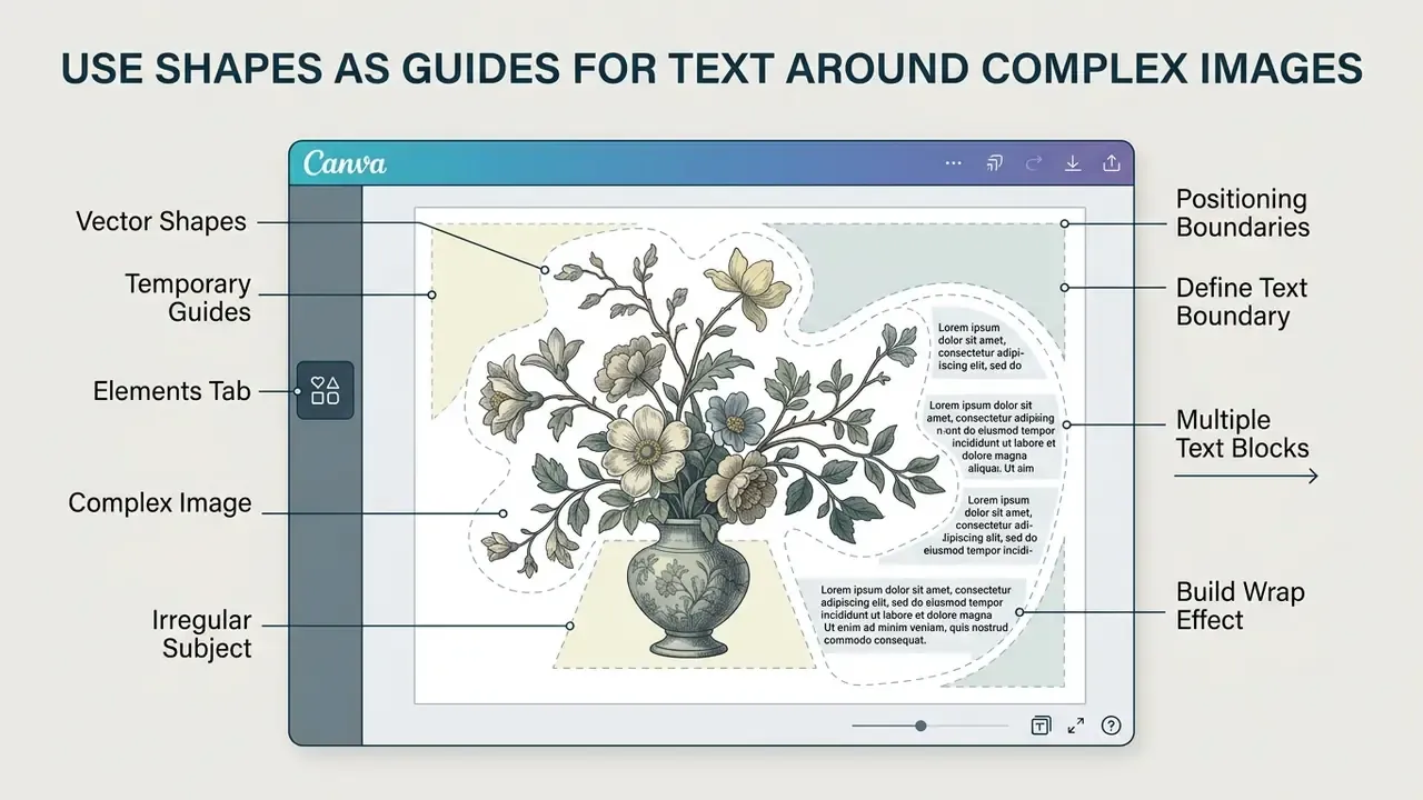 Vector shapes used as temporary guides to position text blocks around a complex floral image in Canva