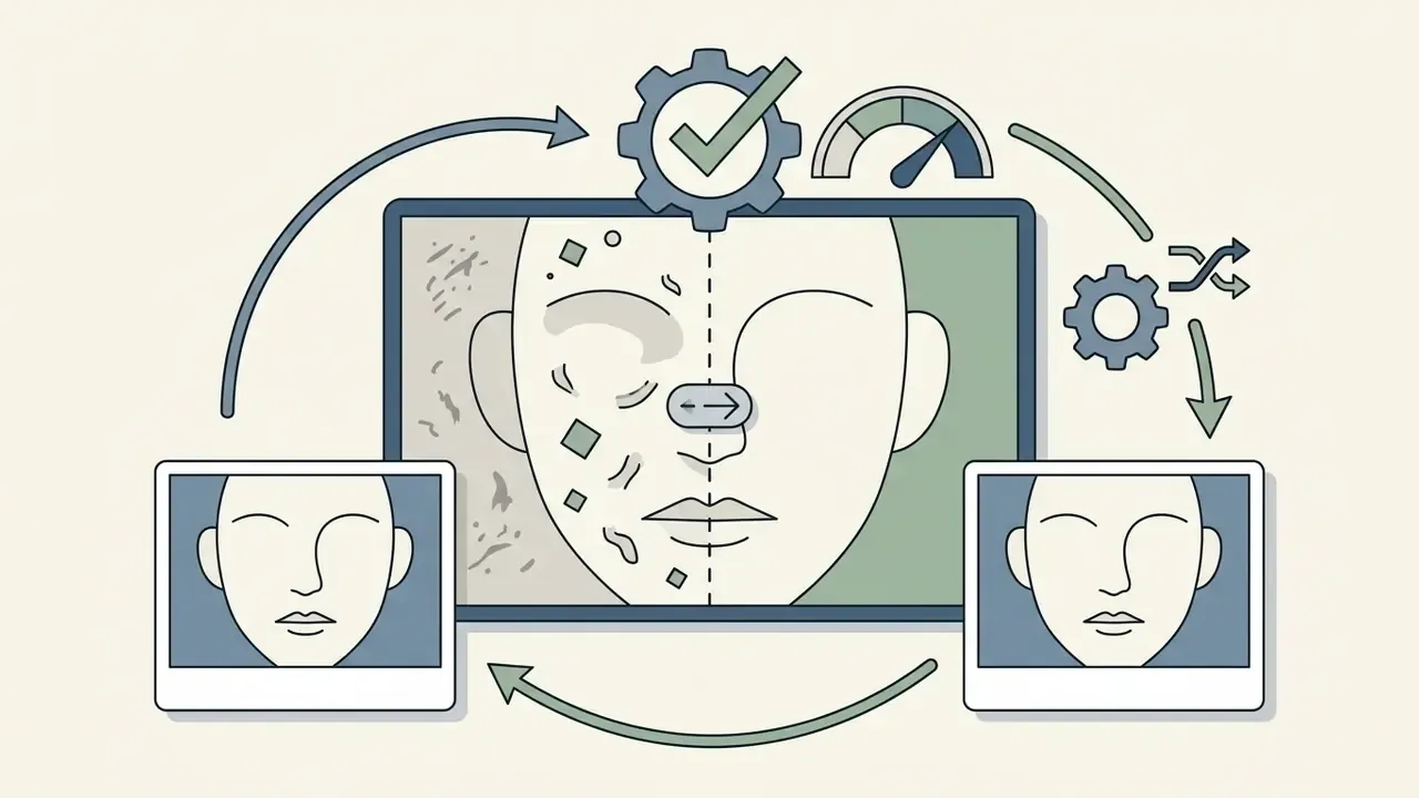 Split view of a face being retouched with a toggle control to compare original and edited versions
