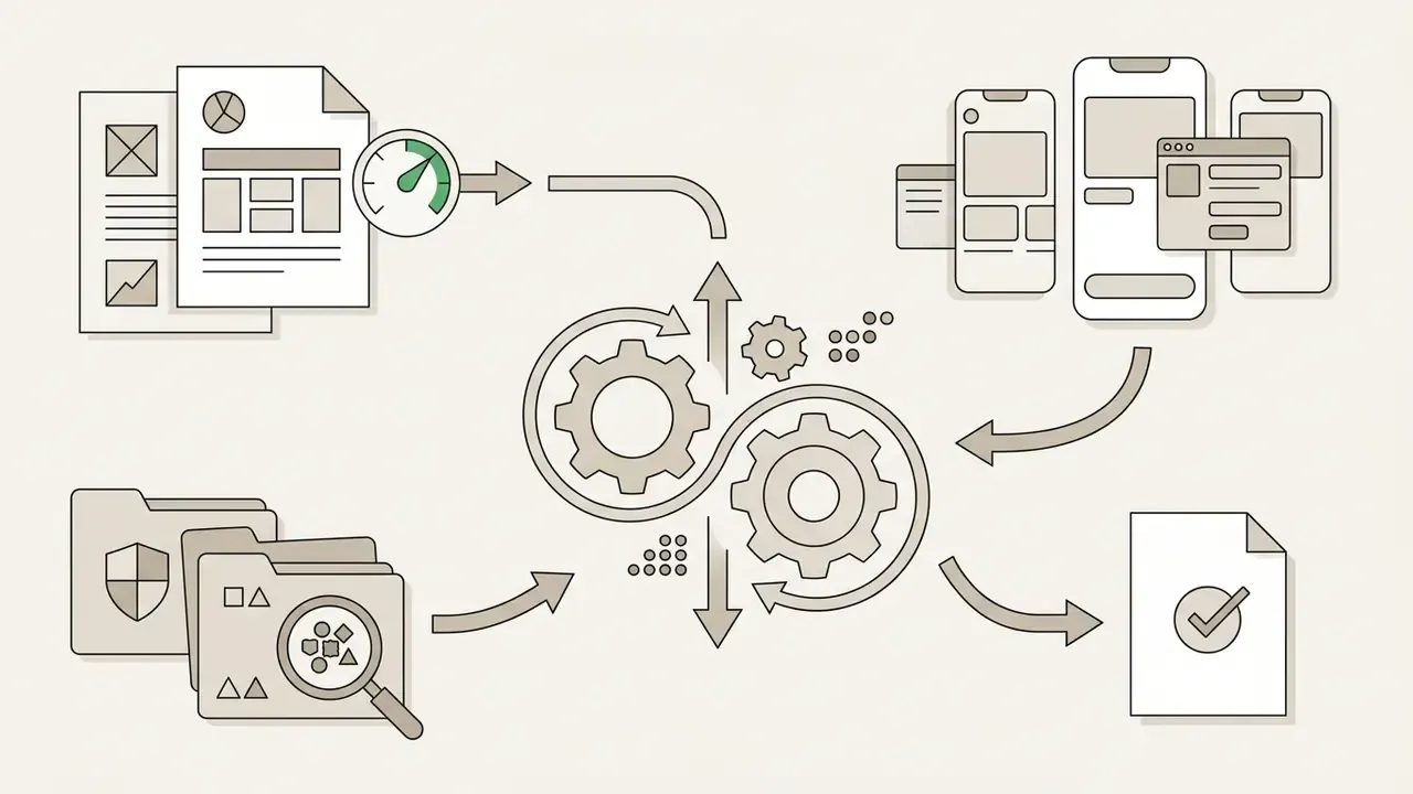 Interconnected gears processing financial documents and mobile interface designs into verified reports