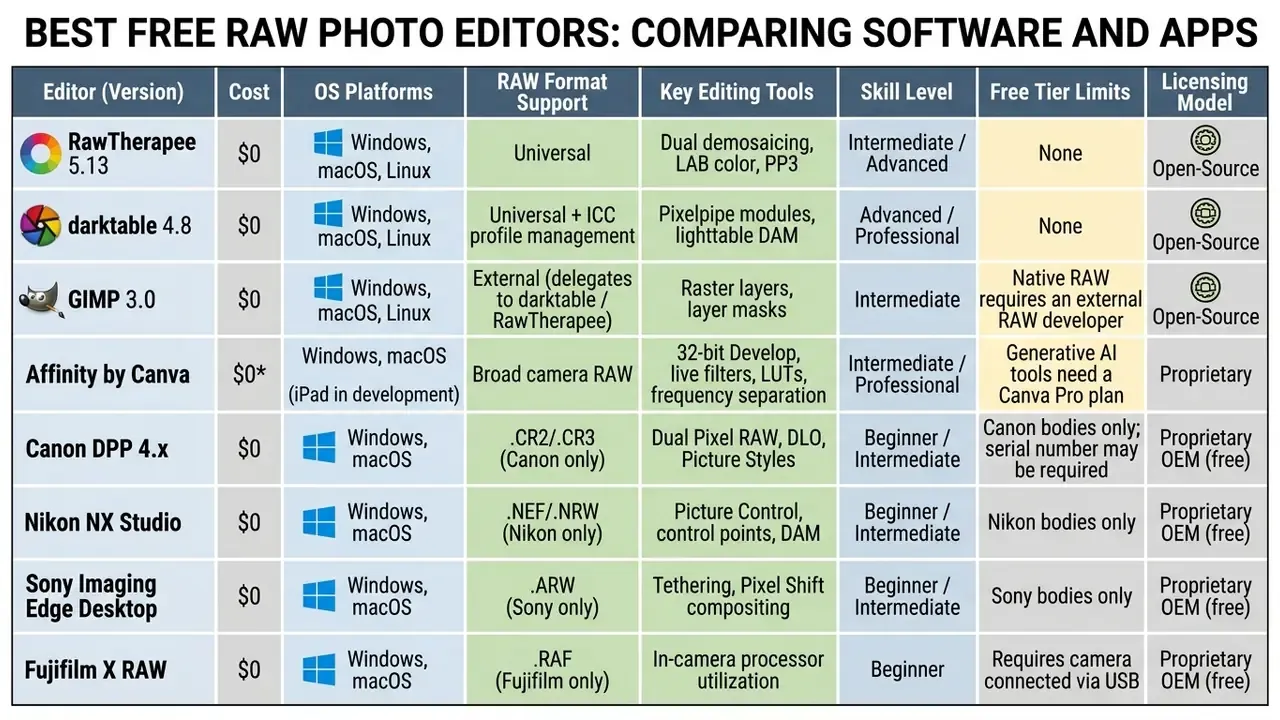 Comparison table detailing features, OS support, and licensing for various free raw photo editor software