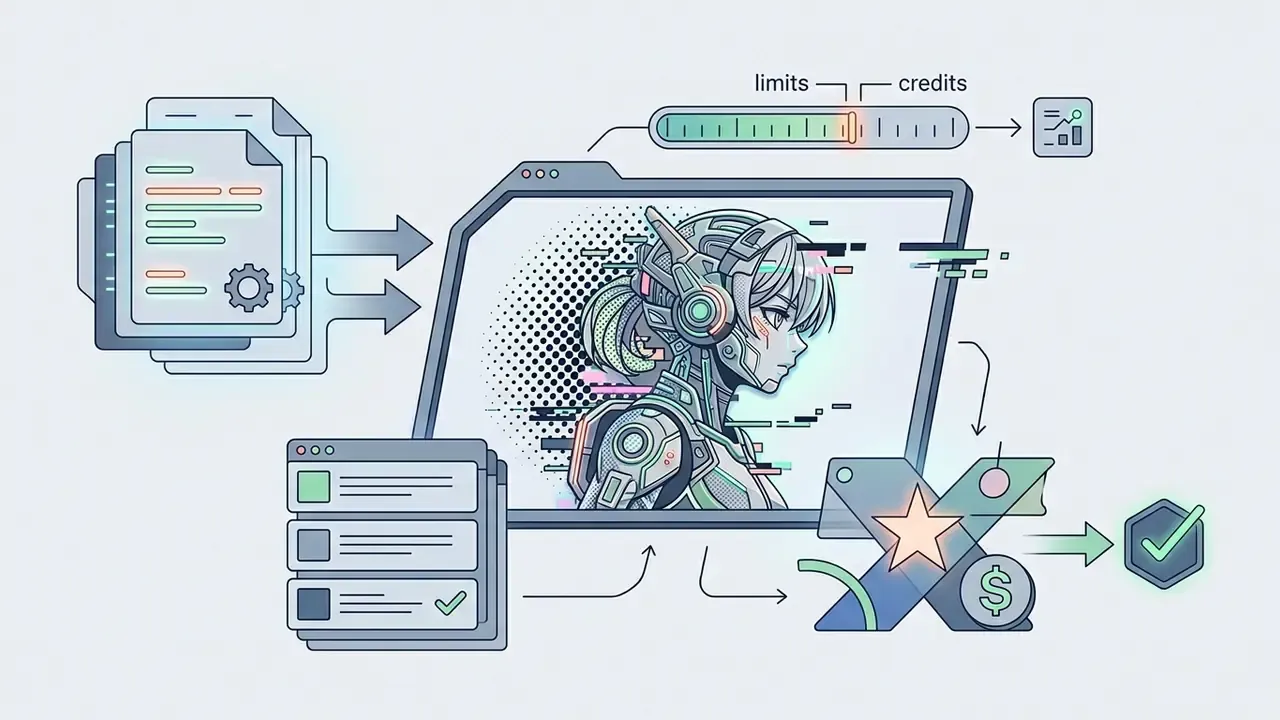 Documents and interface menus feeding into a screen that outputs stylized art and verified asset icons