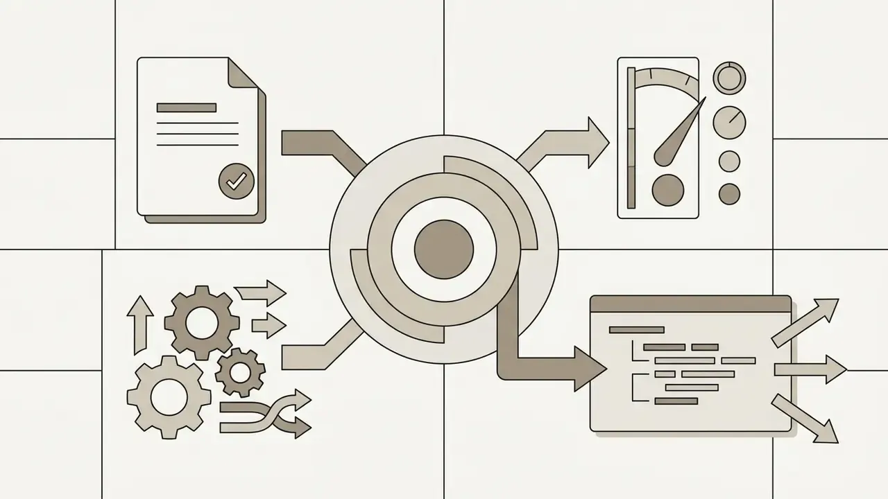 Document and gear icons feeding into a central hub that outputs to a gauge and a code block interface