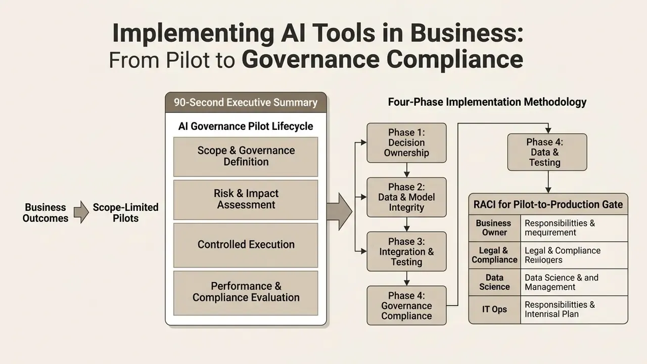 Methodology diagram outlining the AI governance pilot lifecycle, implementation phases, and RACI matrix