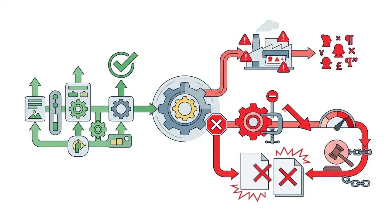 Processing path showing green input gears leading to a central gear and red outputs with warning symbols