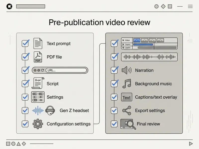 Checklist showing input sources and production elements for reviewing video content before publishing