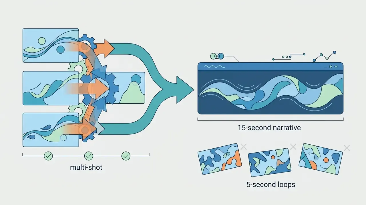 Multiple short video clips merging through gears into a single long narrative sequence