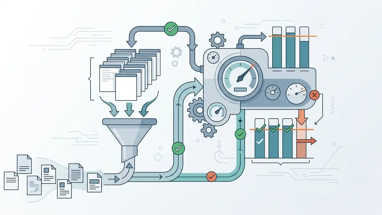 System of documents flowing through a funnel and gauges to monitor batch processing and rate limits