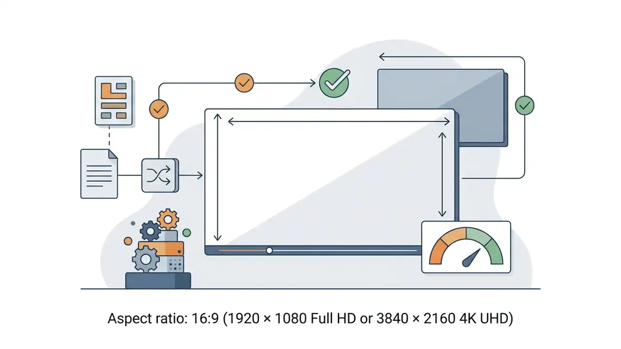 Widescreen frame with aspect ratio arrows and a performance gauge indicating video export settings