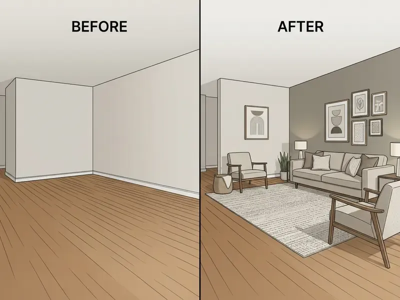 Split view showing a vacant room transformed into a furnished living area with modern decor and furniture