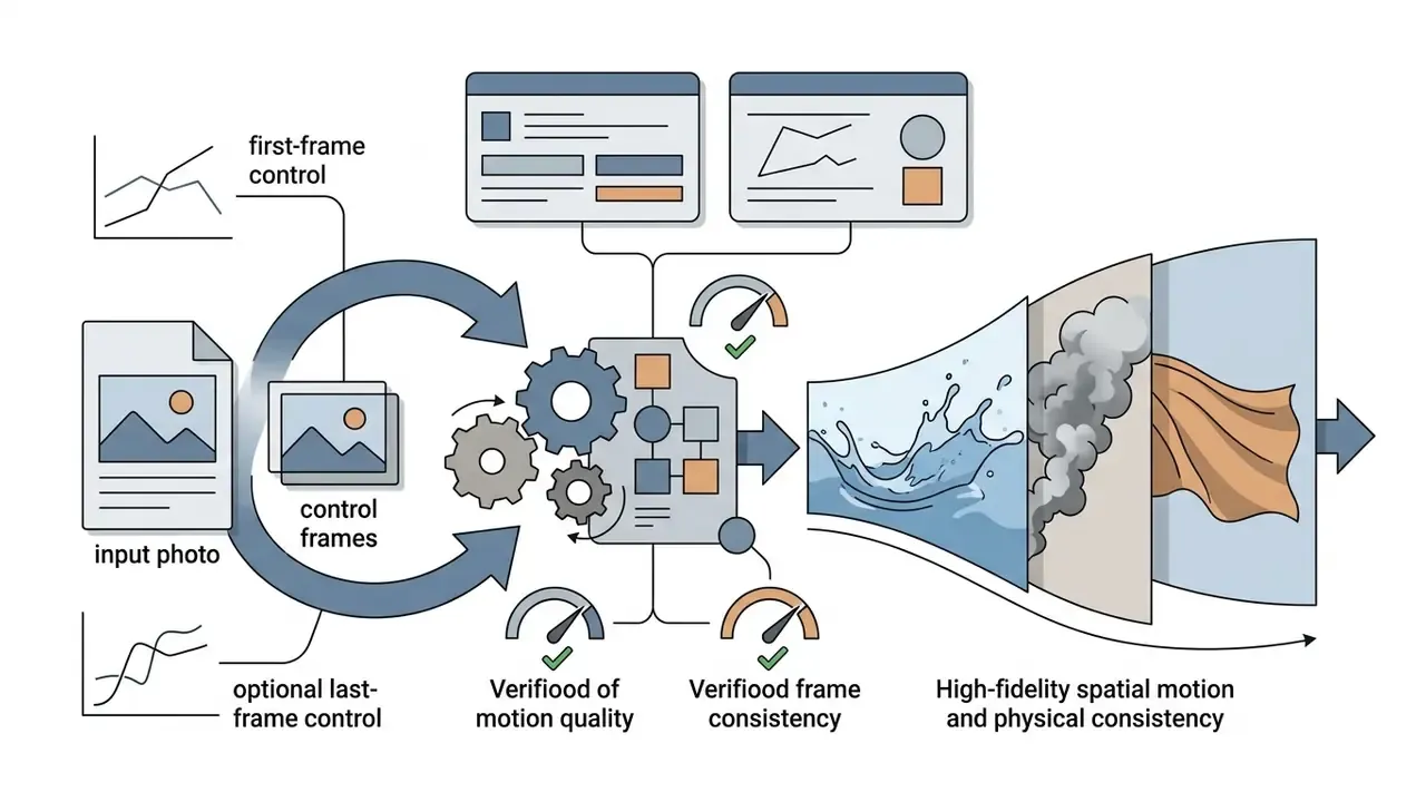 Diagram showing video generation from input photos with frame controls and fluid motion processing