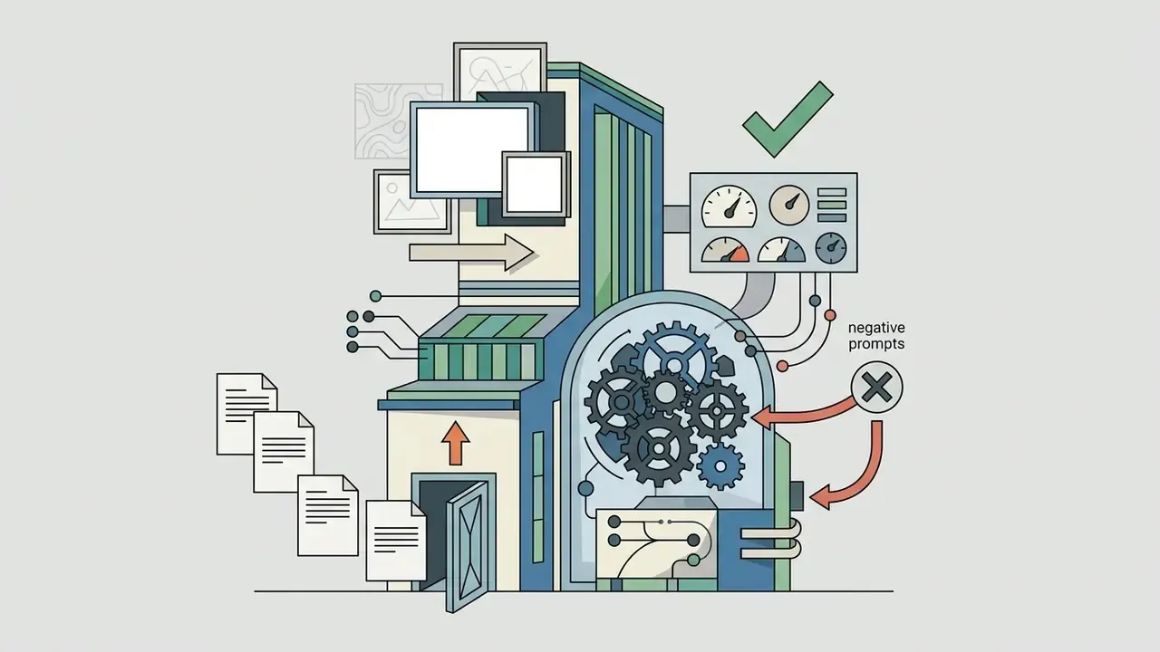 Mechanical structure processing text documents into images with gears and negative prompt controls