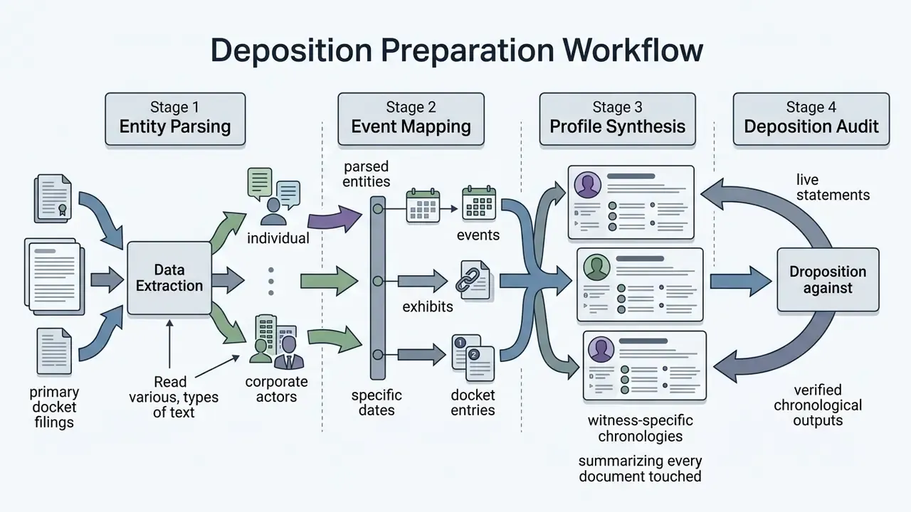 Four sequential stages for legal document processing from entity extraction to deposition audit