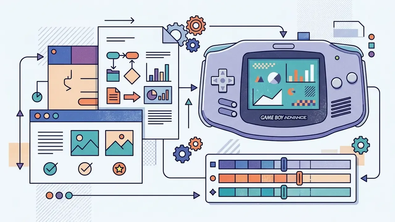 Handheld game console connected to data charts and color adjustment sliders in a retro aesthetic layout