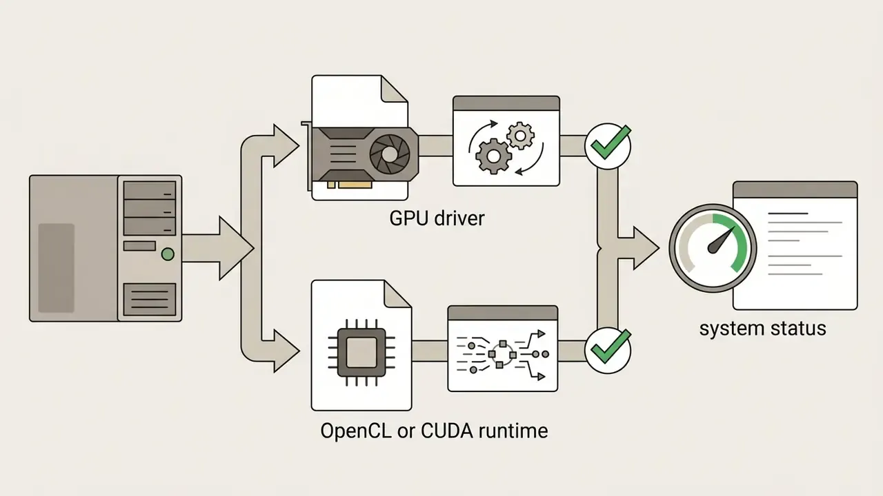 Computer tower connecting to GPU driver and runtime software with green checkmarks for system status