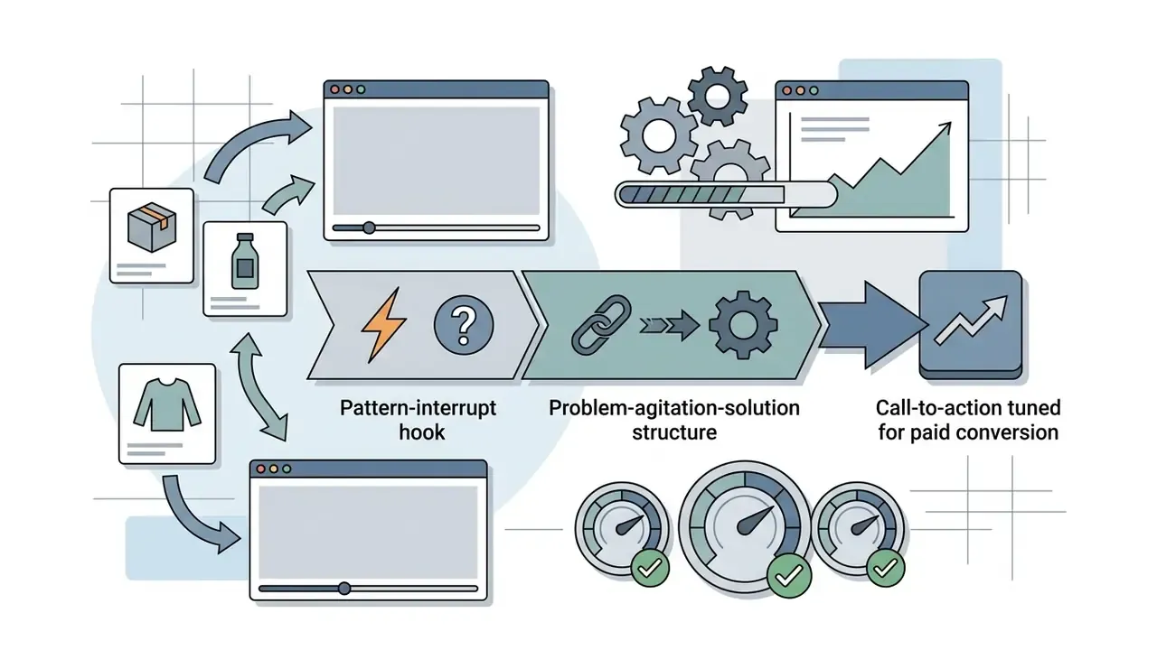 Process graphic showing product assets moving through video hook, structure, and conversion optimization stages