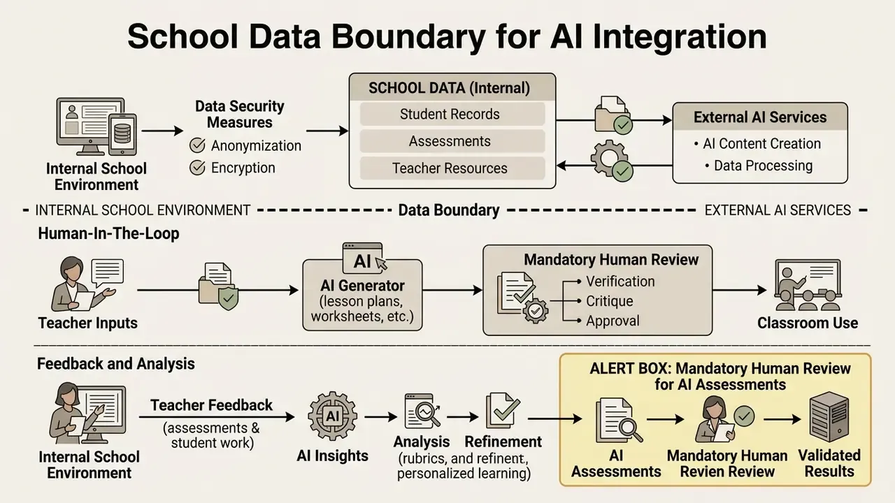 Schematic showing data flow from internal school systems to external AI services with human oversight steps