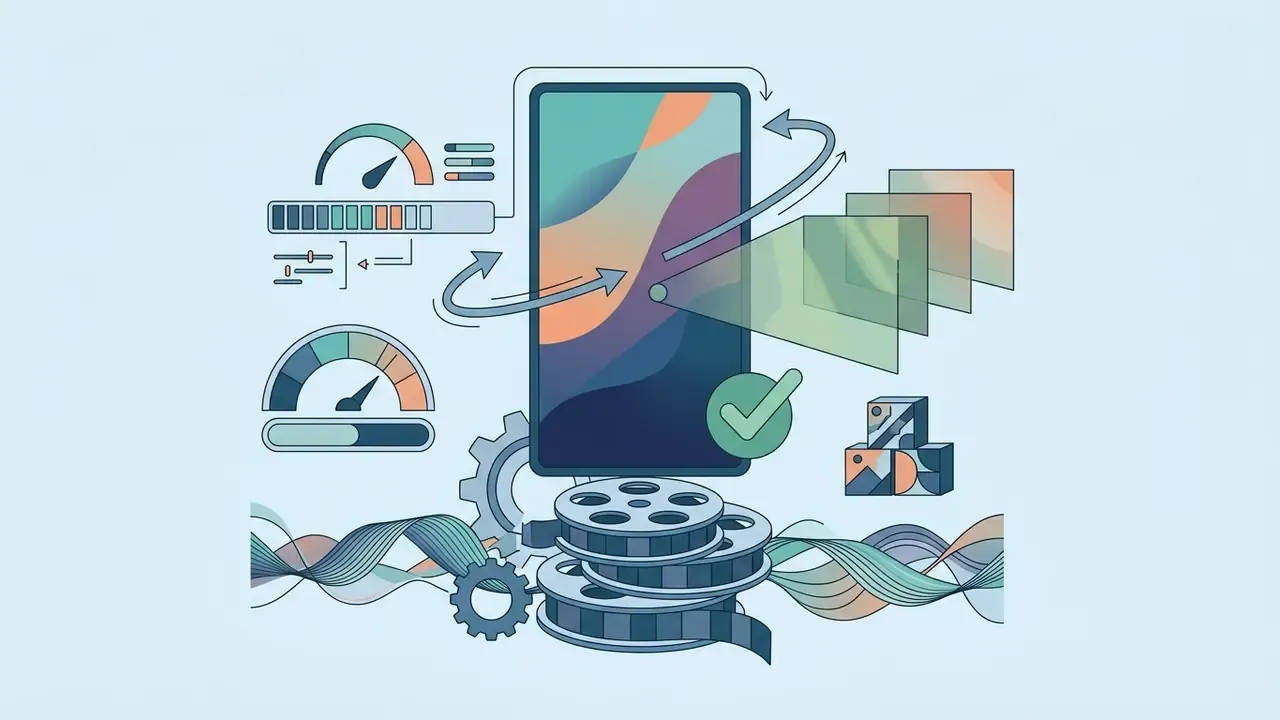 Smartphone screen surrounded by speed gauges, film reels, and layered graphical elements