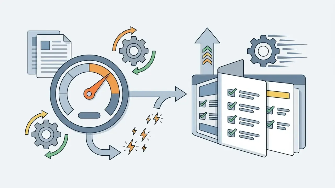Speedometer gauge connected to a checklist and gear icons representing resource allocation and performance