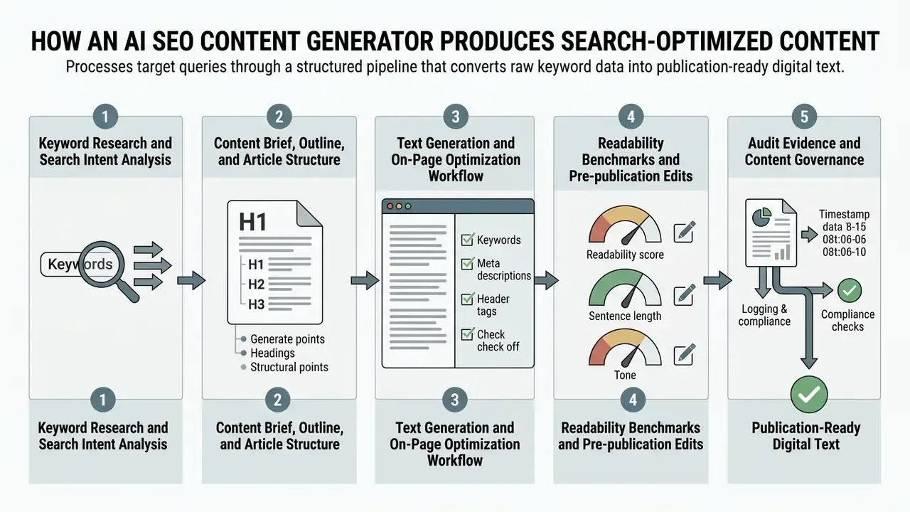 Five-step workflow diagram showing how an AI SEO content generator transforms keywords into final text