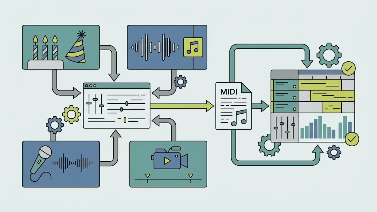 Workflow showing melody generation inputs leading to MIDI file export and DAW arrangement