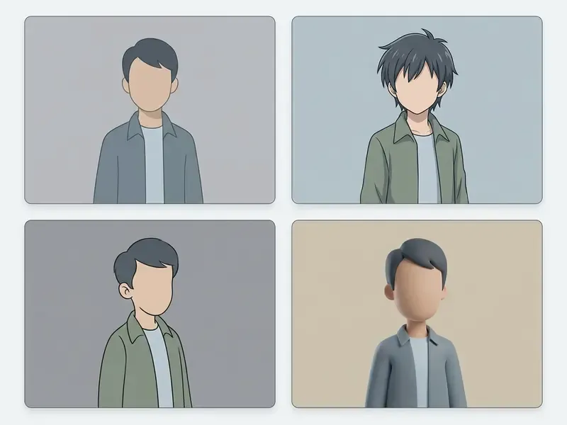 Four variations of a faceless male character rendered in 2D, anime, flat vector, and 3D CGI cartoon styles