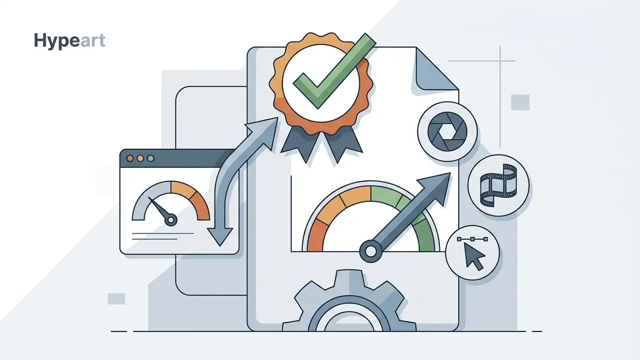 Document with a checkmark seal, speed gauges, and icons for camera, film strip, and selection tools