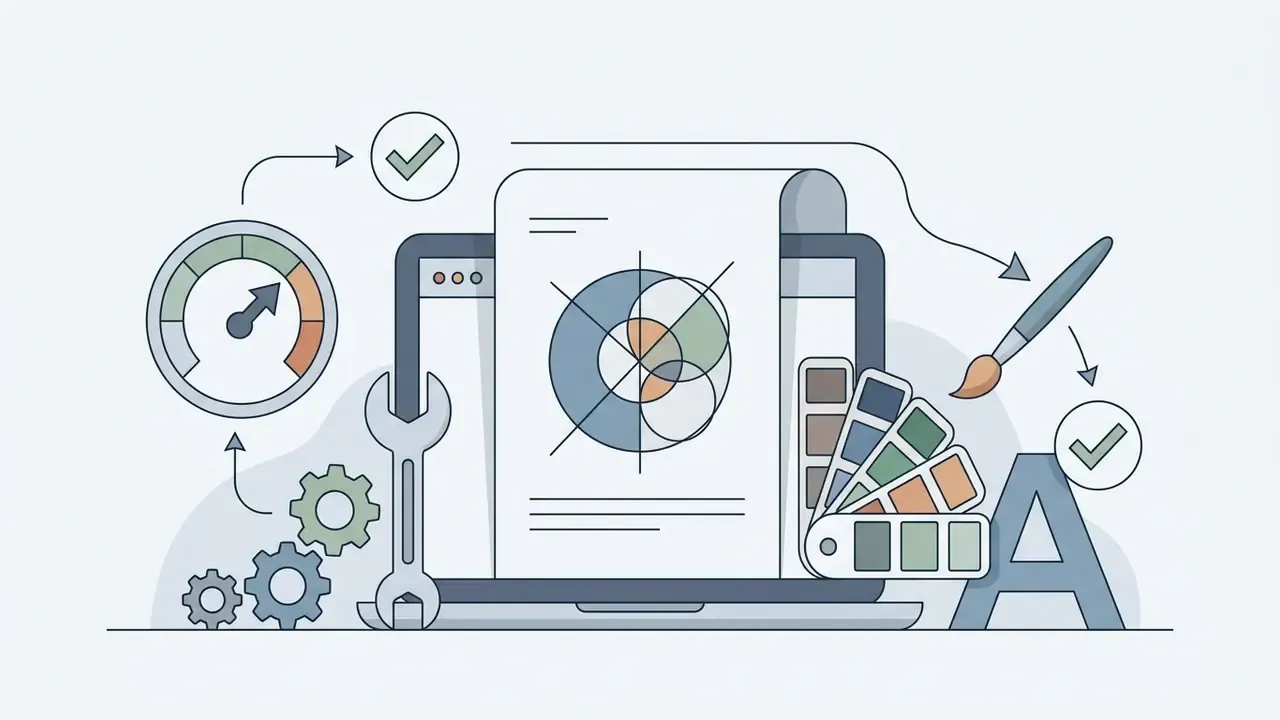 Laptop screen displaying a design document surrounded by icons for gears, a wrench, a color palette, and text