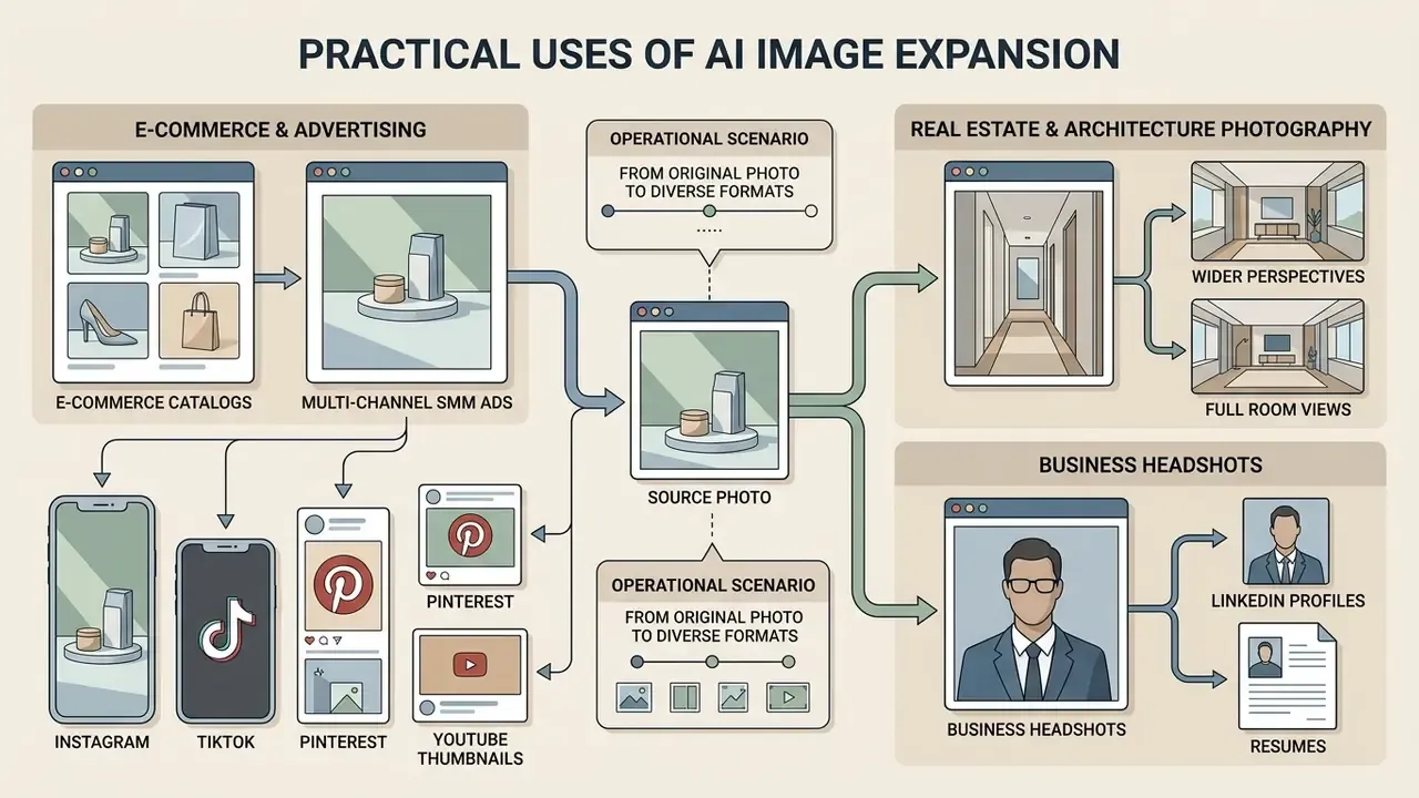 Diagram showing how source photos are adapted for e-commerce, social media, real estate, and headshots