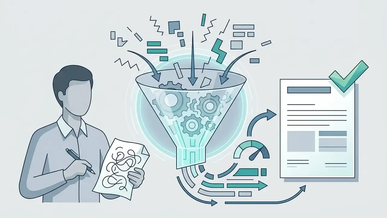 Person holding a messy document feeding information into a gear-filled funnel to produce a clean report