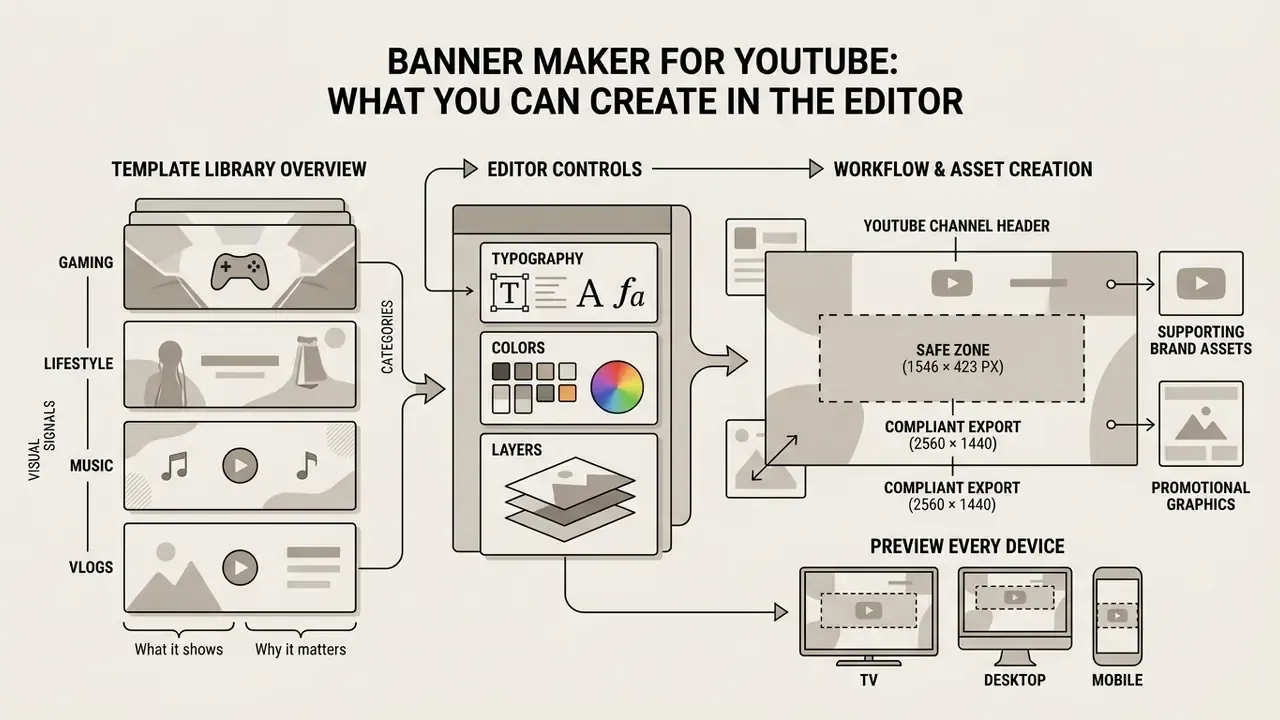 Flowchart displaying template categories, editor controls, and the process of creating YouTube assets