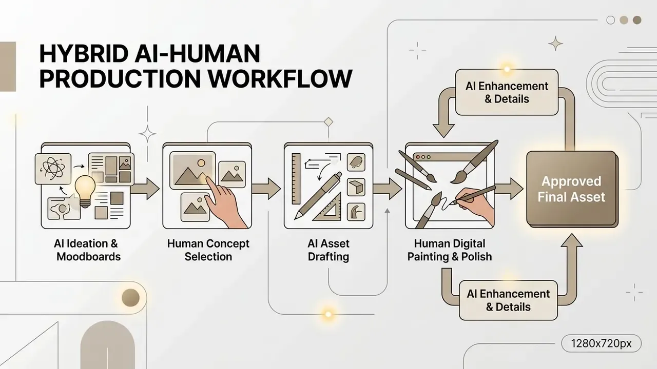Diagram showing a hybrid AI-human production workflow from initial ideation to final polished asset