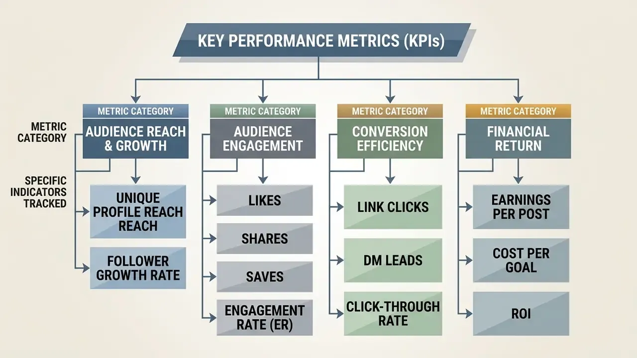 Hierarchical chart categorizing key performance metrics for audience growth, engagement, and conversion