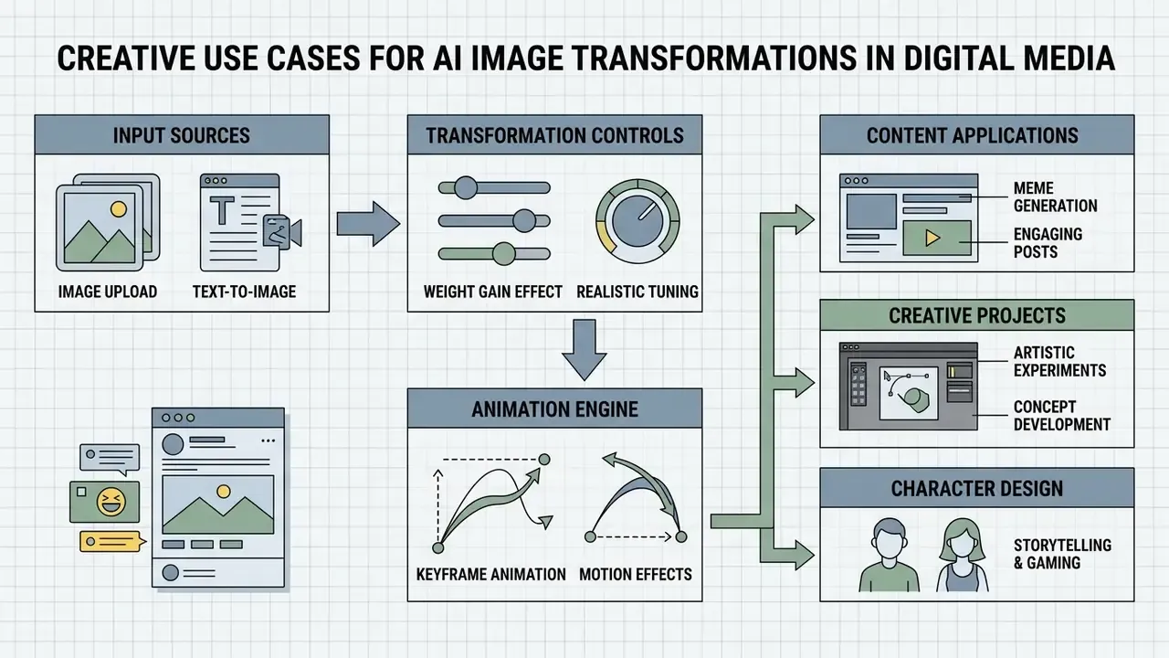 Flowchart displaying AI transformation workflows from input sources to animation and digital applications