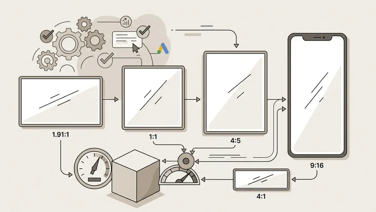Gears and gauges processing various digital marketing asset dimensions into multiple screen formats
