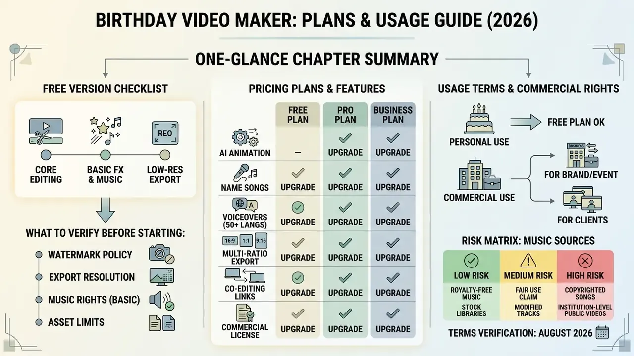 Comparison chart detailing free versus paid subscription features, usage rights, and music risk levels