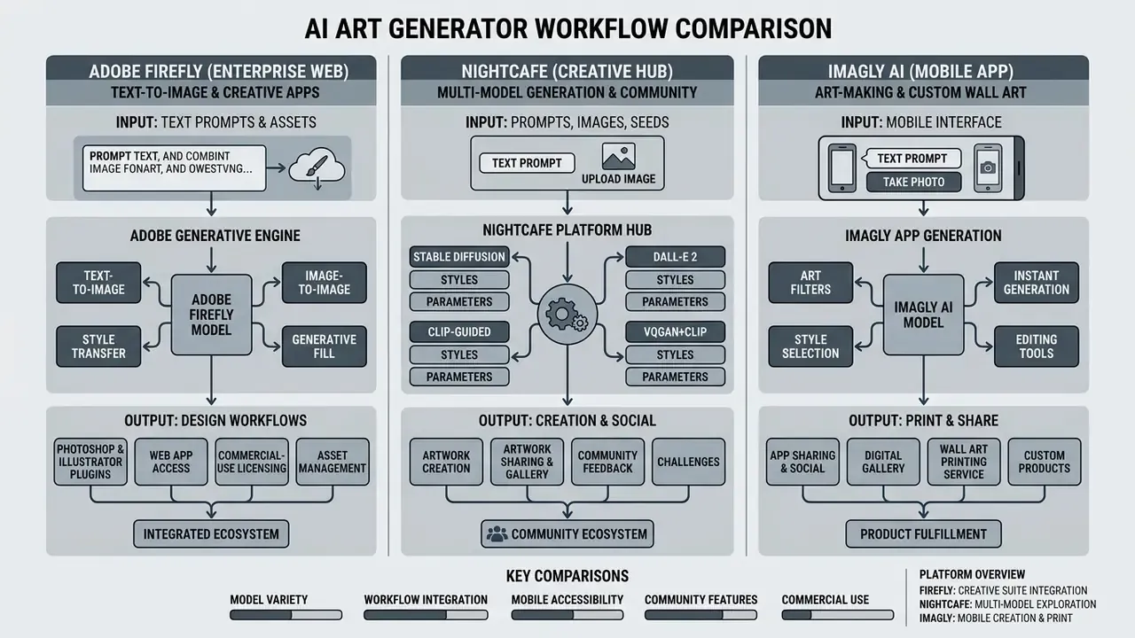 Workflow diagrams comparing Adobe Firefly, NightCafe, and Imagly AI deployment pipelines