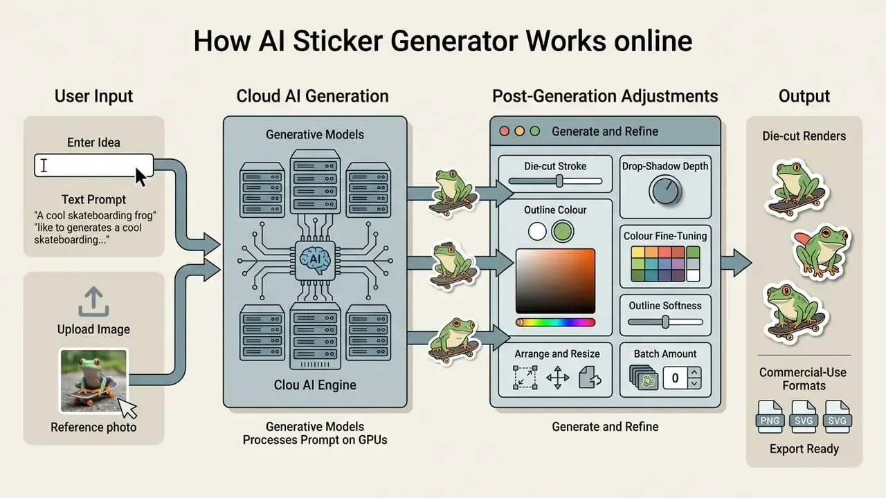 Flowchart showing how an AI sticker generator processes user input through cloud models and editing tools