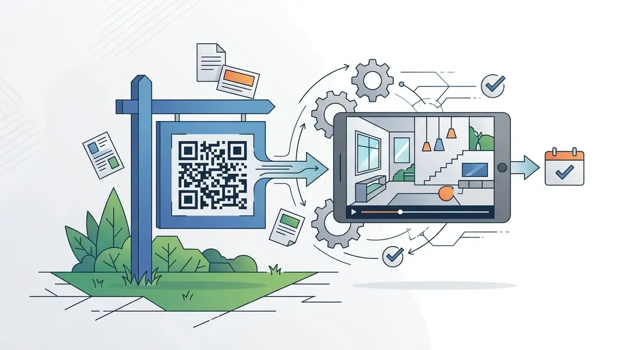 Real estate sign with a QR code that triggers a property walkthrough video on a tablet for scheduling