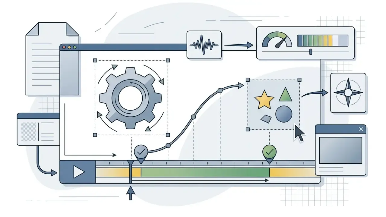 Timeline interface showing a gear icon and a curved motion path connecting objects across a video track