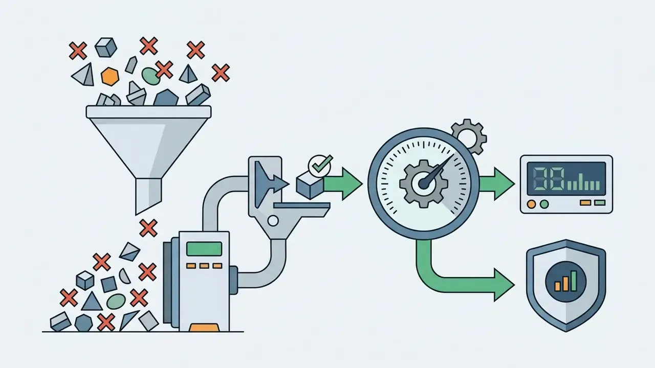 Funnel filtering shapes into a meter that directs approved data toward a digital display and a shield icon